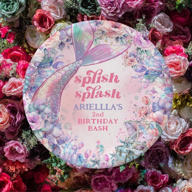 Flower Glitter Mermaid Tail 2nd Birthday Paper Plates (Creator Uploaded)