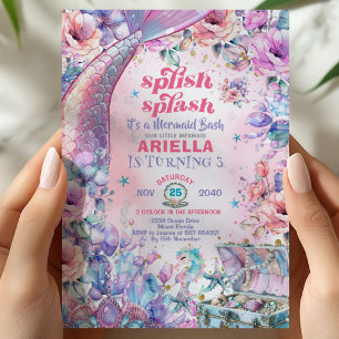 Flower Glitter Mermaid Tail 3rd Birthday Invitation
