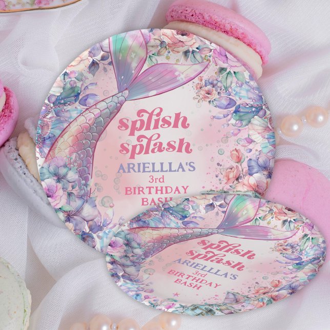 Flower Glitter Mermaid Tail 3rd Birthday Paper Plates (Creator Uploaded)