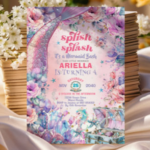 Flower Glitter Mermaid Tail 4th Birthday  Invitation