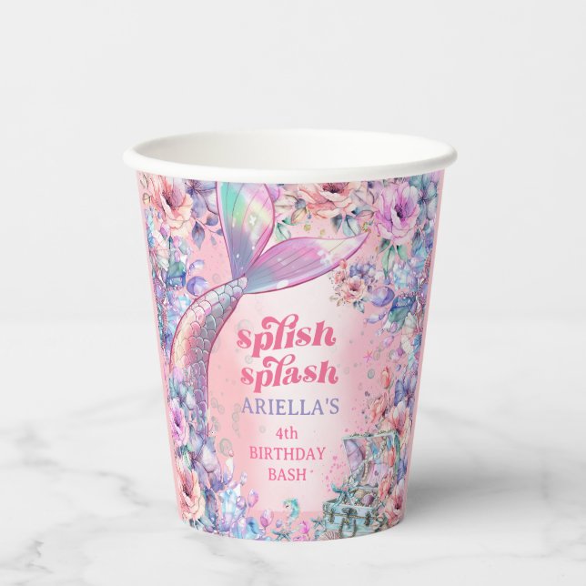 Flower Glitter Mermaid Tail 4th Birthday Paper Cups (Front)