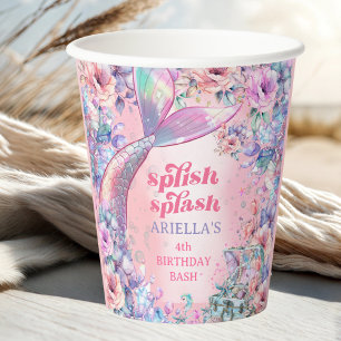 Flower Glitter Mermaid Tail 4th Birthday Paper Cups