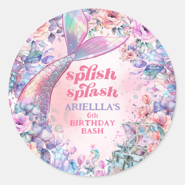 Flower Glitter Mermaid Tail 6th Birthday Classic Round Sticker (Front)