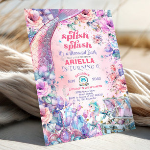 Flower Glitter Mermaid Tail 6th Birthday Invitation