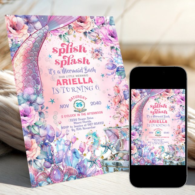 Flower Glitter Mermaid Tail 6th Birthday  Invitation (Creator Uploaded)