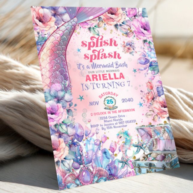 Flower Glitter Mermaid Tail 7th Birthday  Invitation (Creator Uploaded)