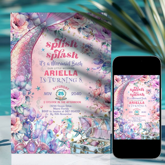Flower Glitter Mermaid Tail 8th Birthday  Invitation (Creator Uploaded)