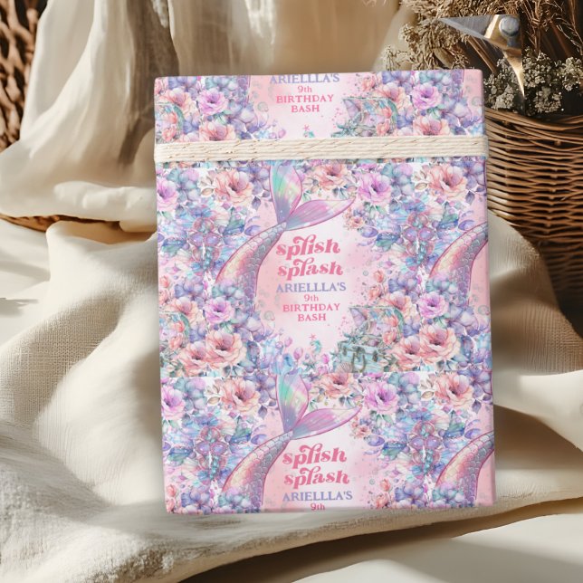 Flower Glitter Mermaid Tail 9th Birthday Wrapping Paper (Creator Uploaded)
