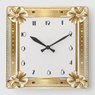 Flower Gold Art Deco Square Wall Clock