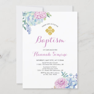 Flower & Gold Cross Girl Baptism / Christening Invitation