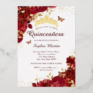 Flower Gold Red Butterfly Elegant Quinceanera  Foil Invitation
