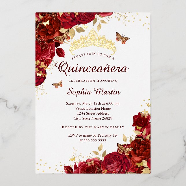 Flower Gold Red Butterfly Elegant Quinceanera  Foil Invitation (Front)