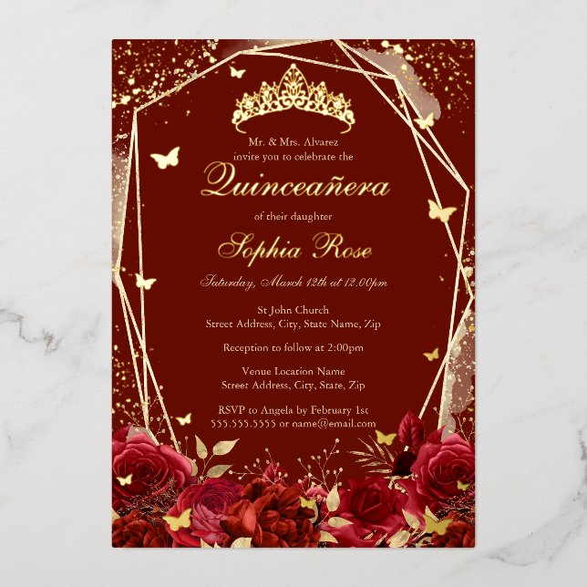 Flower gold Red Tiara Quinceanera  Foil Invitation (Front)