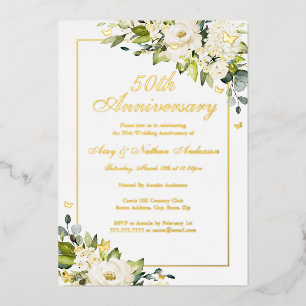 Flower Golden Butterfly 50th Wedding Anniversary Foil Invitation