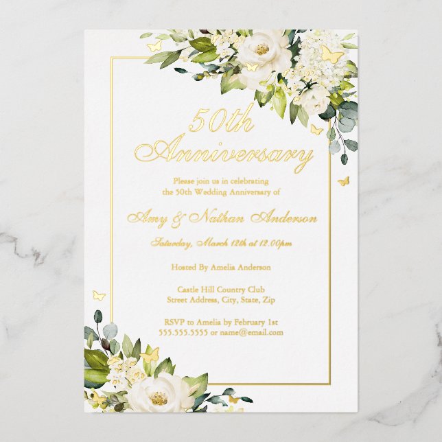 Flower Golden Butterfly 50th Wedding Anniversary  Foil Invitation (Front)