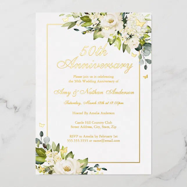 Flower Golden Butterfly 50th Wedding Anniversary Foil Invitation | Zazzle