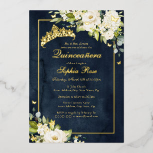 Flower Golden Butterfly Navy Quinceanera Foil Invitation