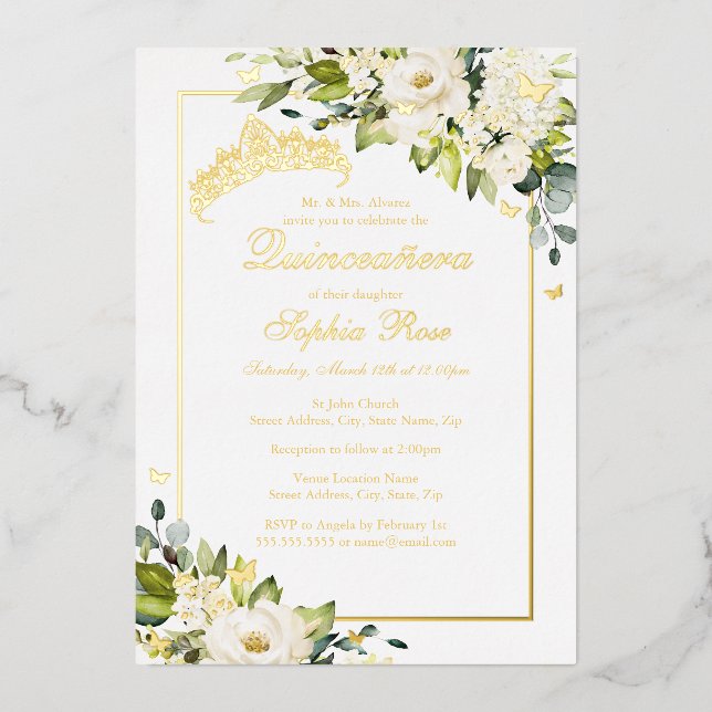 Flower Golden Butterfly Quinceanera  Foil Invitation (Front)