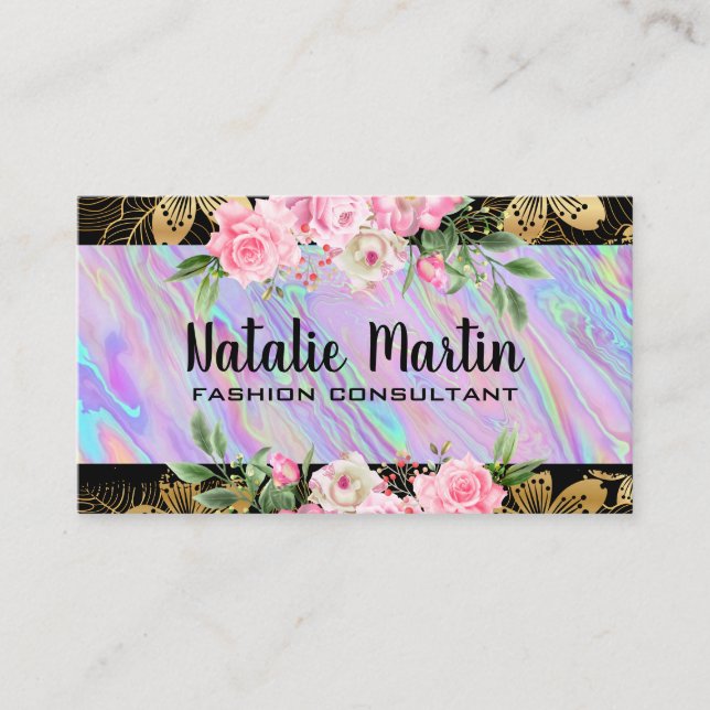 Flower | Golden Floral | Iridescent Business Card (Front)