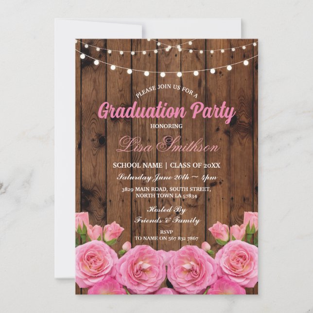 Flower Graduation Party Pink Wood Flowers Floral Invitation (Front)
