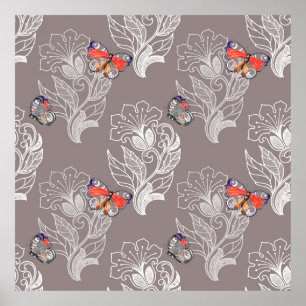 Flower graphic and butterfly, watercolor, pattern poster