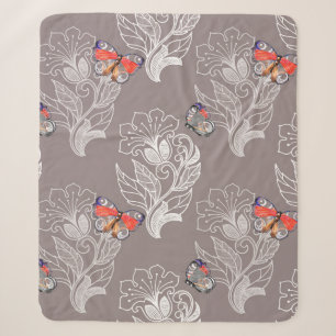 Flower graphic and butterfly, watercolor, pattern sherpa blanket