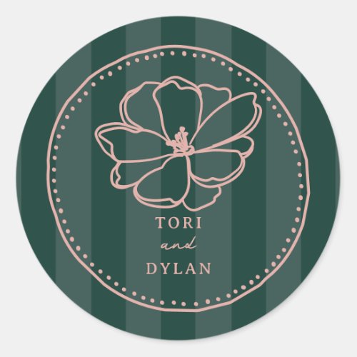 Flower Green Stripe Wedding Classic Round Sticker