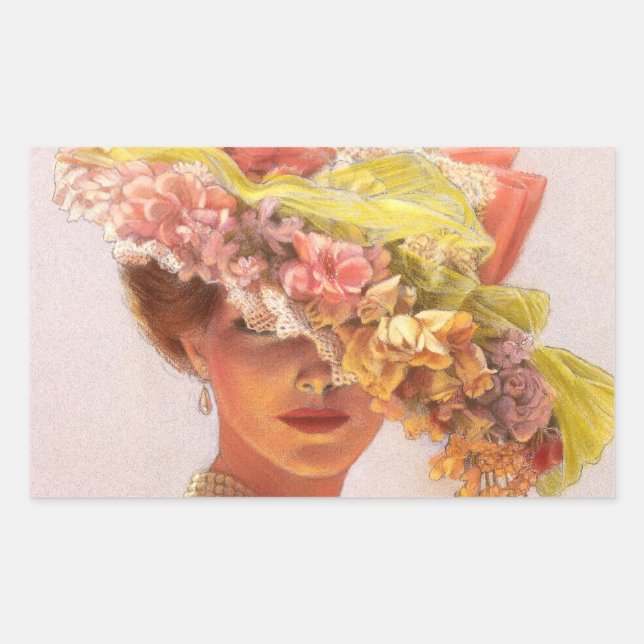 Flower Hat Victorian Lady Oval Stickers (Front)