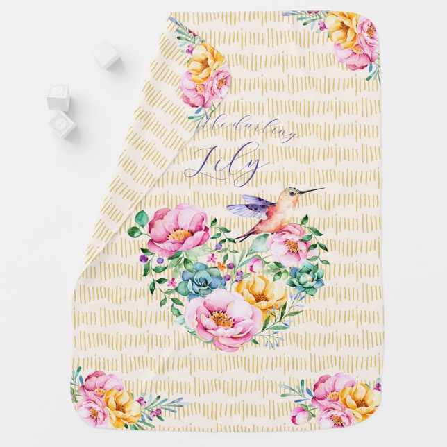  Flower Heart and Hummingbird Baby Blanket (In Situ)