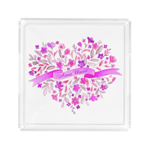 Flower heart pink purple name watercolor tray