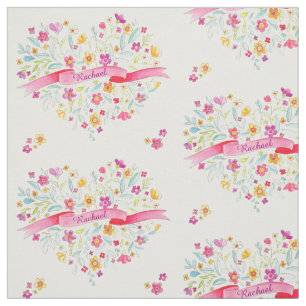 Flower heart pink yellow name watercolor art fabric