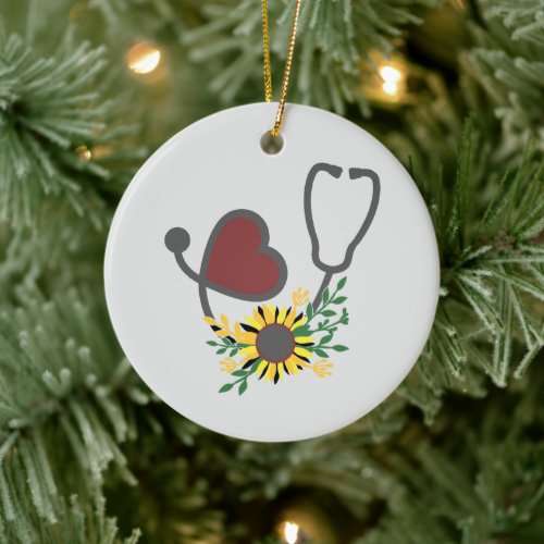 Flower Heart Stethoscope Ceramic Ornament