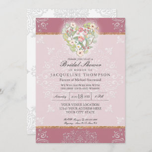 Flower Heart w Lace Dusty Berry Pink Bridal Shower Invitation