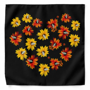 Flower Heart with Butterflies - Romantic on Black Bandana