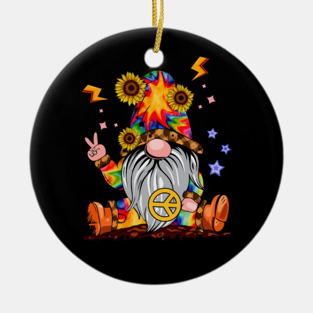 Flower Hippie Gnome Tie Dye Gnome Peace Sign Gnome Ceramic Ornament (Front)