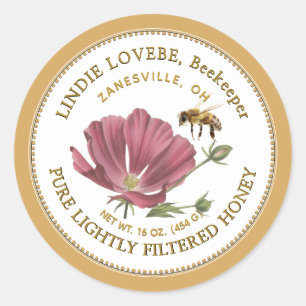 Flower Honey Label with Pink Flower and Bee 