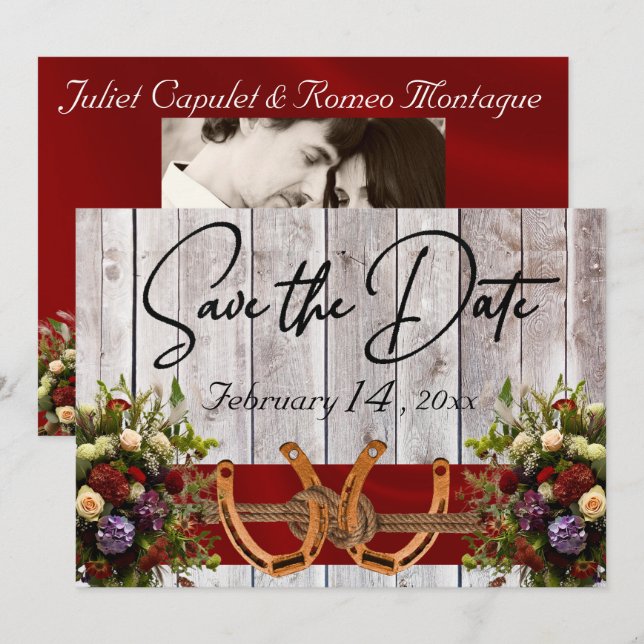 Flower & Horseshoes Red Ribbon Wedding Save The Date (Front/Back)