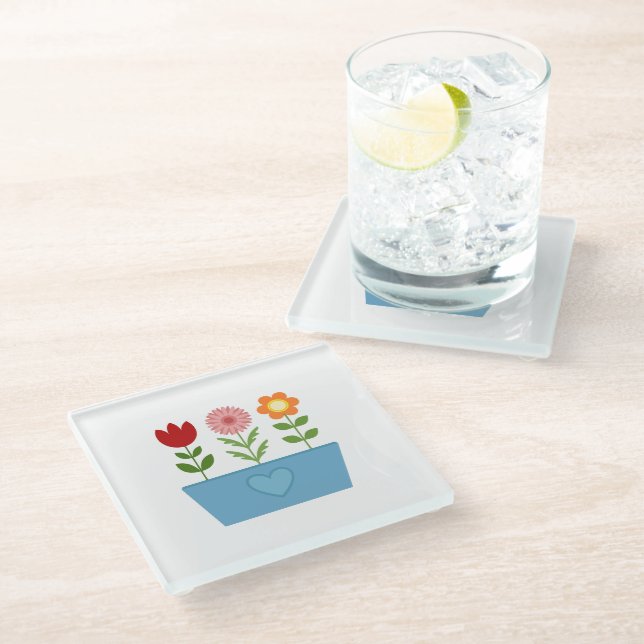 Flower Illustrations in a Blue Window Box Canvas P Glass Coaster (Angled)