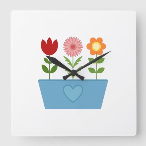 Flower Illustrations in a Blue Window Box Canvas P Square Wall Clock