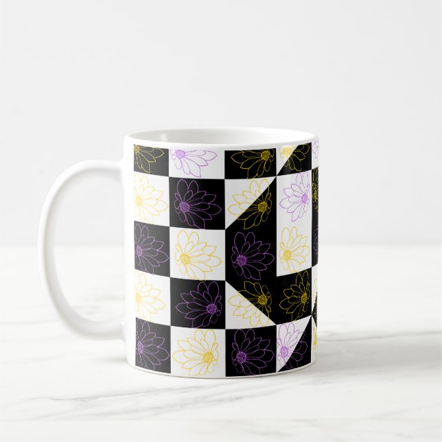 flower in Monochrome Aesthetic Checker pattern Coffee Mug (Left)