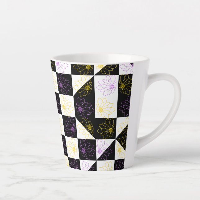 flower in Monochrome Aesthetic Checker pattern Latte Mug (Right)