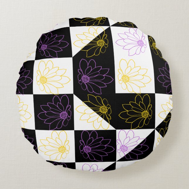 flower in Monochrome Aesthetic Checker pattern Round Pillow (Front)