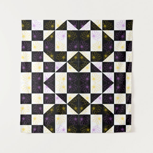 flower in Monochrome Aesthetic Checker pattern Tapestry (Front)