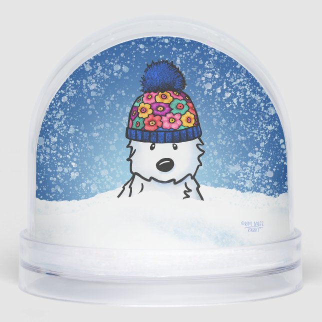 Flower Knit Hat Westie Snow Globe (Front)