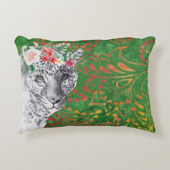 Flower Leopard Jungle Batik Accent Pillow (Front)