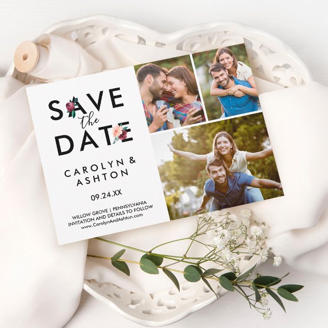 Flower Lettering Maroon 3 Photo Save the Date Card (Creator Uploaded)