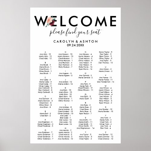Flower Lettering Maroon Alphabetical Seating Chart