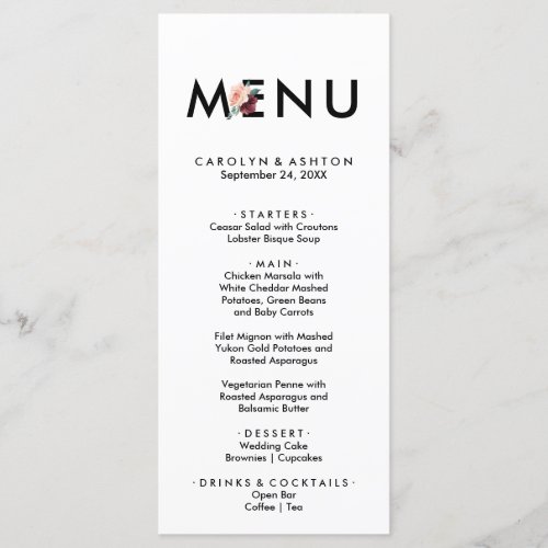 Flower Lettering  Maroon Dinner Menu Card