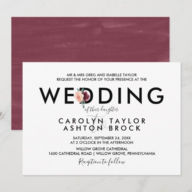 Flower Lettering | Maroon Formal Wedding Invitation (Front/Back)