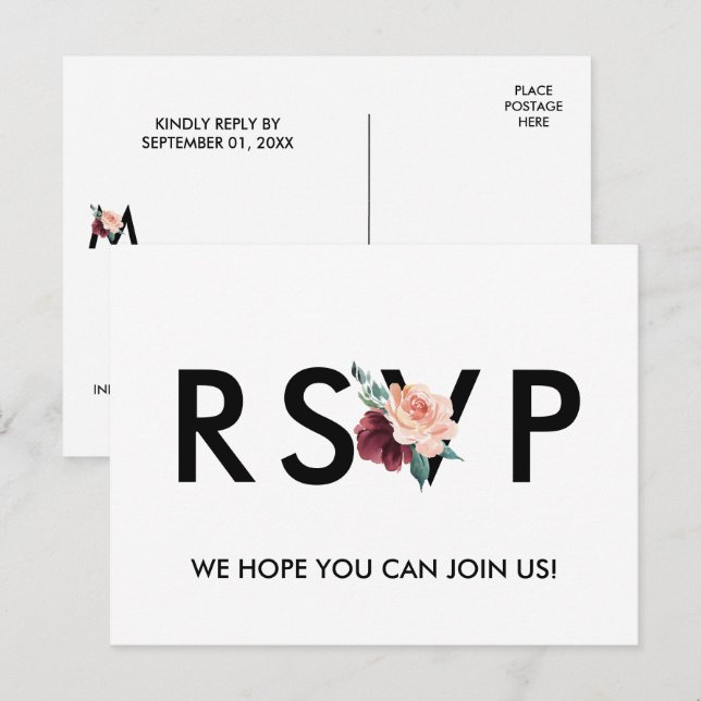 Flower Lettering Maroon Menu Choice RSVP Postcard (Front/Back)